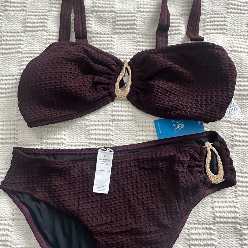 CUPSHE Textured Bikini Set – Plum / Eggplant – Size L